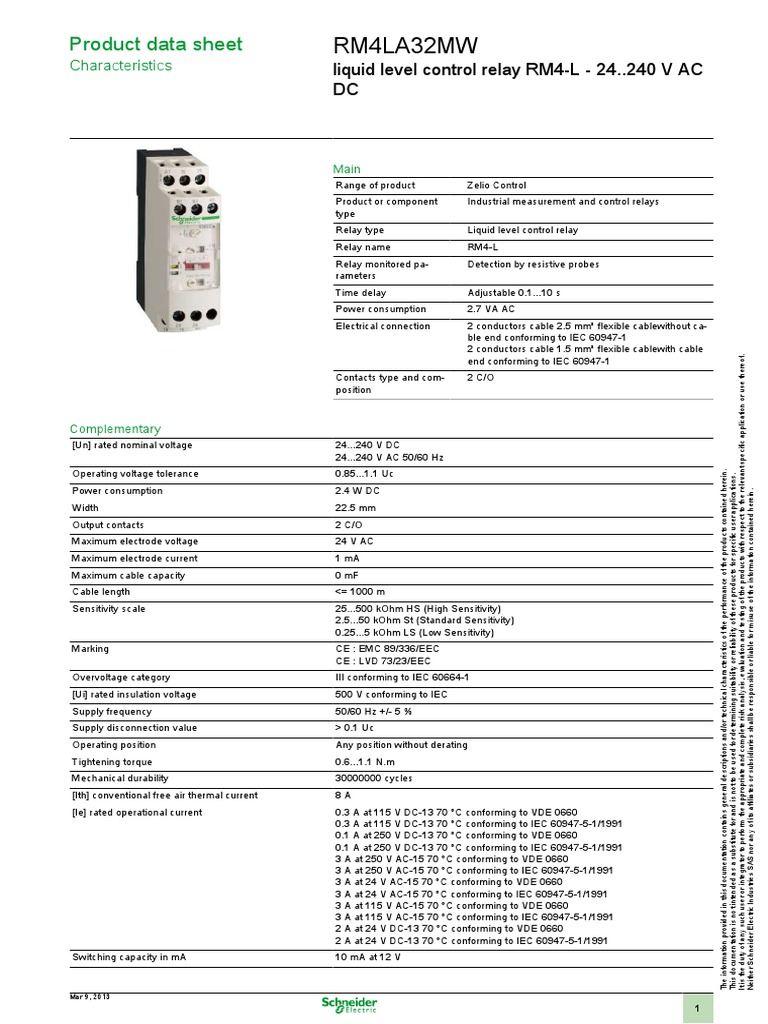 Liquid Level Control Relay RM4L 24..240 V AC/DC Product Data Sheet