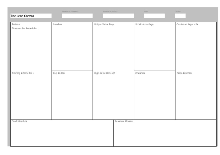 The Lean Canvas: Problem Solution Unique Value Prop. Unfair Advantage ...