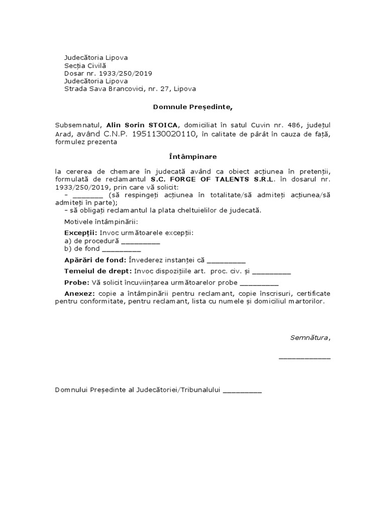 Întâmpinare La Cererea de Chemare În Judecată | PDF