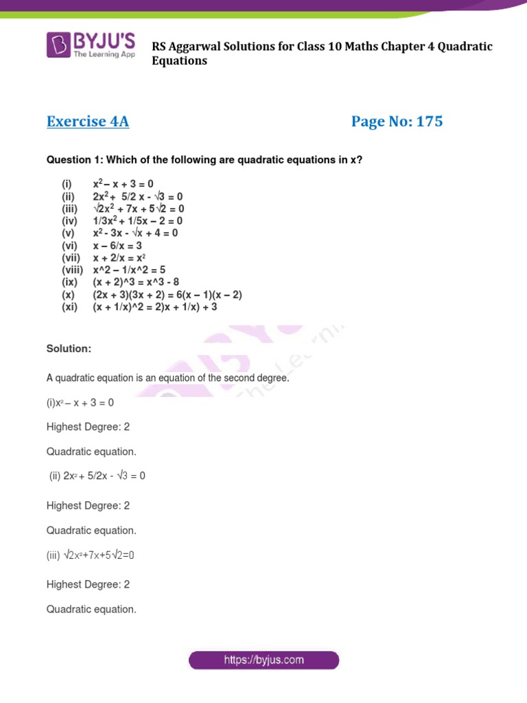 Rs Aggarwal Solution Class 10 Maths Chapter 4 Quadratic Equations Pdf Pdf Quadratic Equation Equations