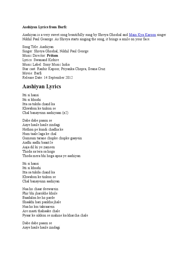 Aashiyan Lyrics From Barfi | PDF