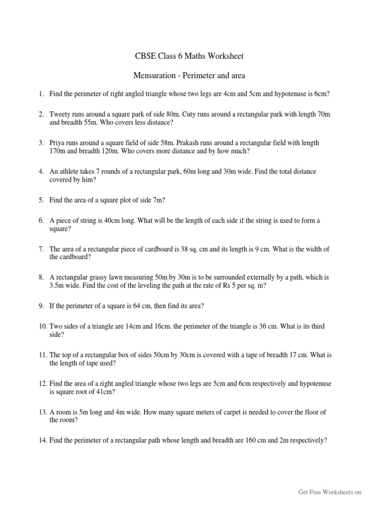 Perimeter and Area CBSE Class 6 Worksheet | PDF | Area | Euclidean