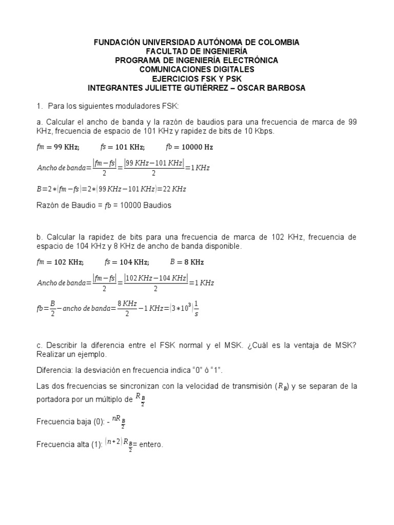 Ejercicios FSK y PSK | PDF | Modulación de frecuencia | Ingeniería de ...