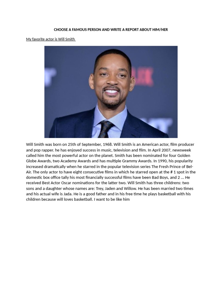 My Favorite Actor Is Will Smith: Choose A Famous Person and Write A ...