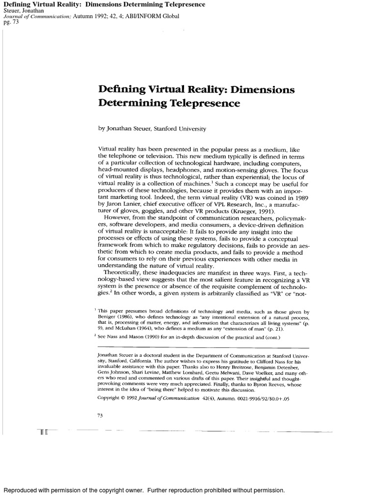 Defining the Dimensions of Virtual Reality and Telepresence Steuer's