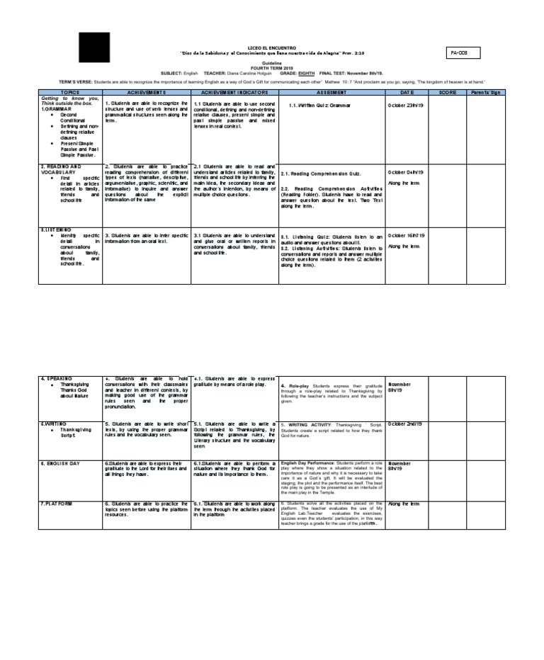 English Guideline. 8. 4 Term.2019 | PDF | Reading Comprehension ...