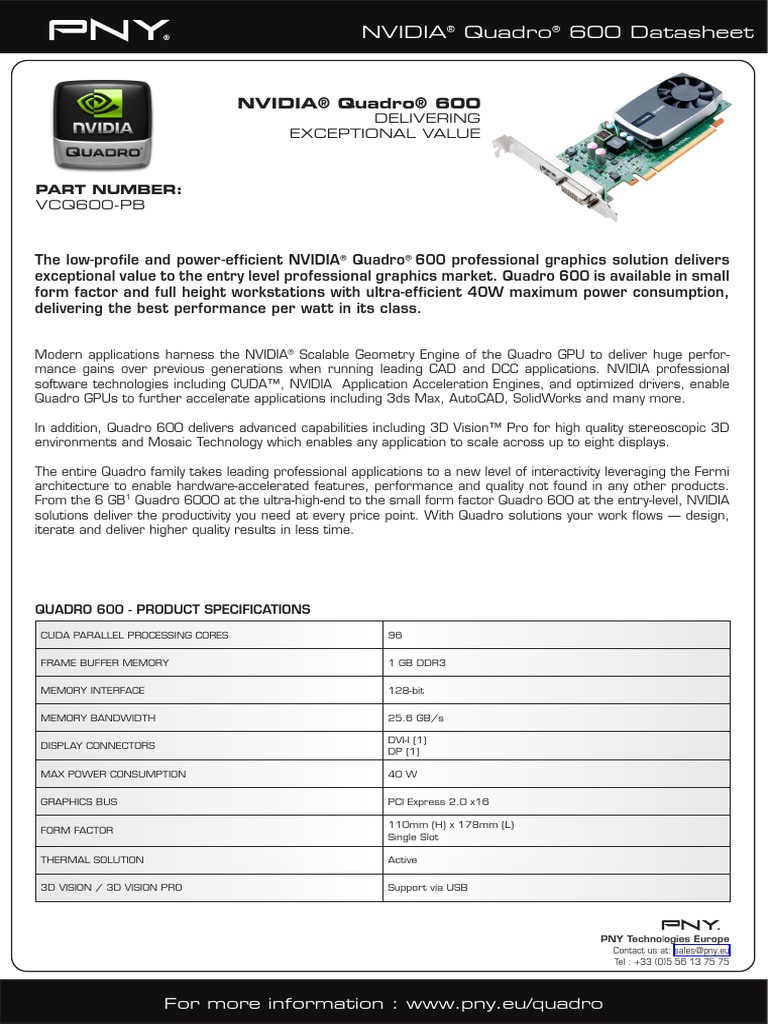 Nvidia Quadro 600 by Pny Grafikkort | PDF | Graphics Processing Unit ...