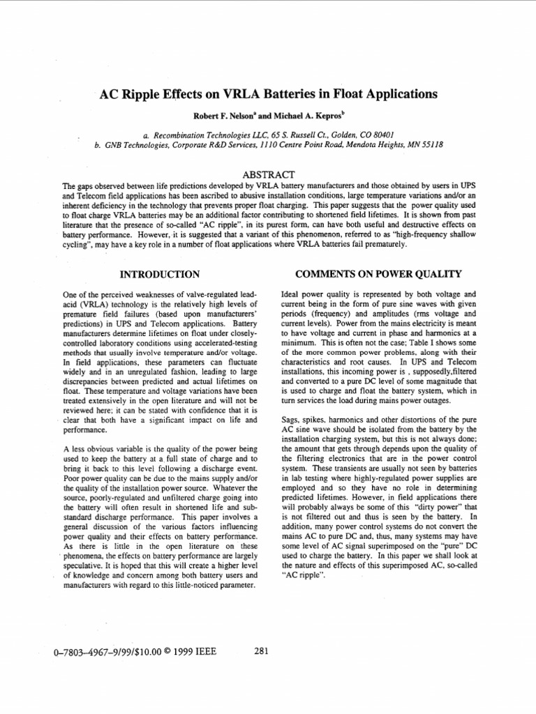 AC Ripple Effects On VRLA Batteries | PDF | Rectifier | Alternating Current