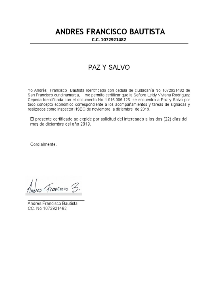 Certificado de Paz y Salvo 2019 | PDF