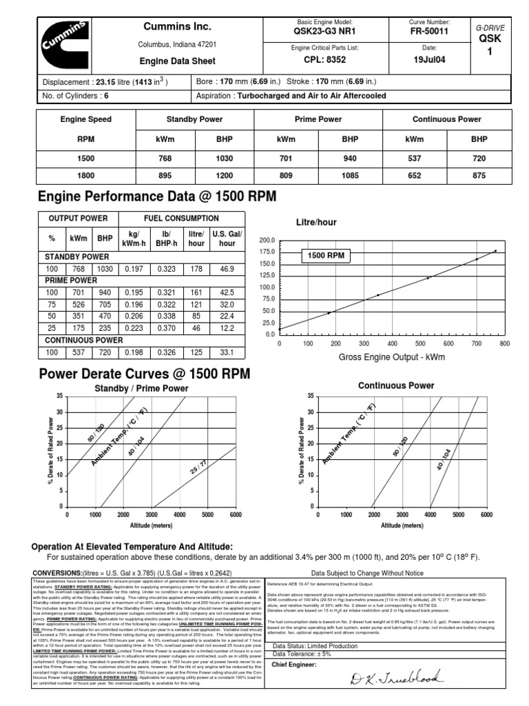 01 Cummins Engine Data Sheet QSK23G3 NR1 PDF Horsepower Fuel