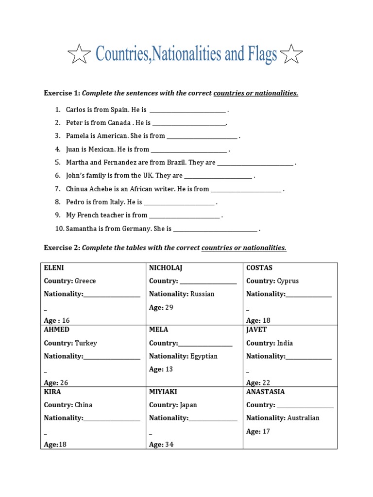 Countries Nationalities Extra Exercises | PDF | Sports & Recreation ...