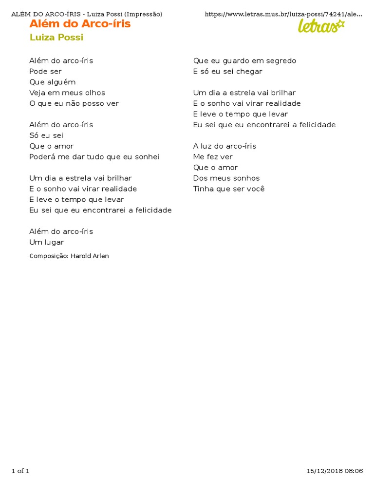 Letra da música "Além do Arco-íris" | PDF