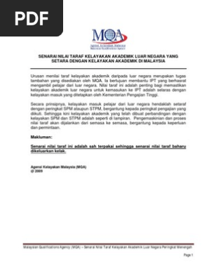 Senarai Nilai Taraf Kelayakan Akademik Luar Negara 130410 Pdf