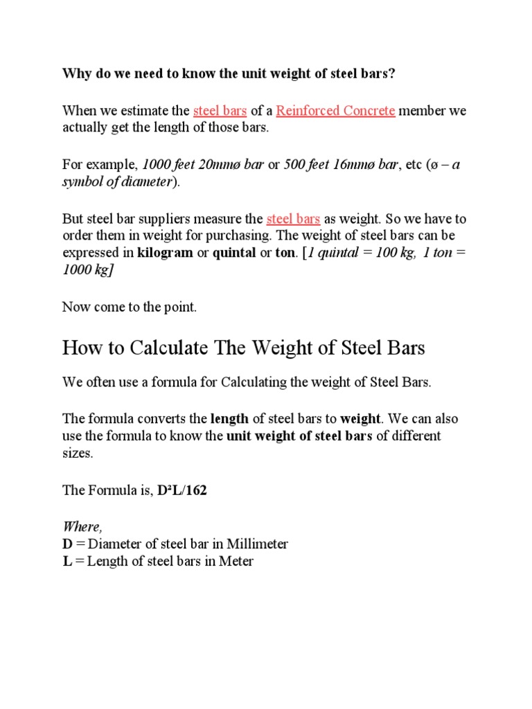 Unit Weight Calculation of Steel Bars | PDF | Metre | Density