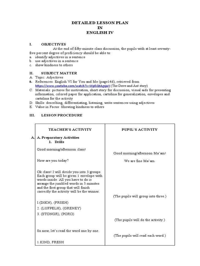 English IV Lesson Plan on Adjectives | PDF | Hunting | Lesson Plan