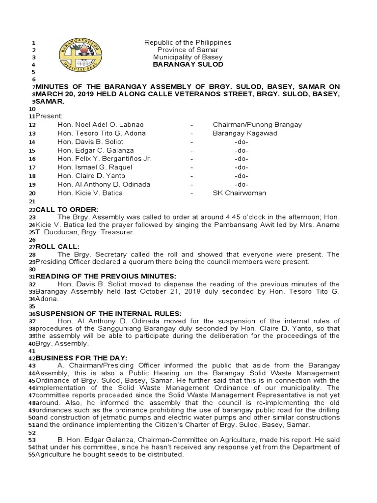 Barangay Sulod Assembly Minutes 2019 | PDF | Waste | Human Impact On ...