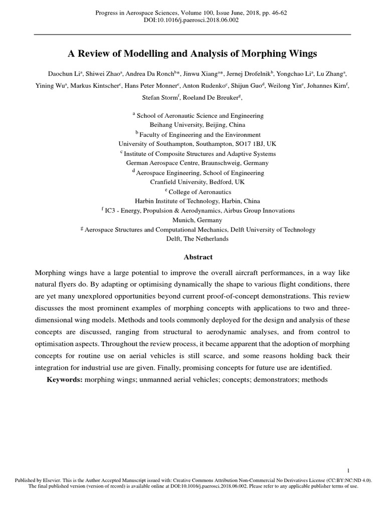 Review of Morphing Wing Technologies | PDF | Airfoil | Computational ...