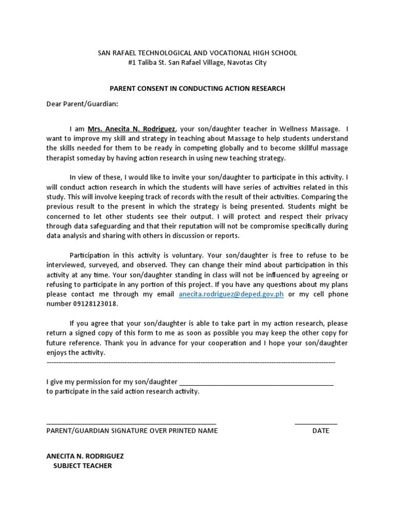 Parent Consent for Action Research | PDF | Action Research | Consent