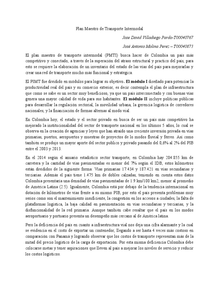 Plan Maestro de Transporte Intermodal en Colombia | PDF | Transporte ...