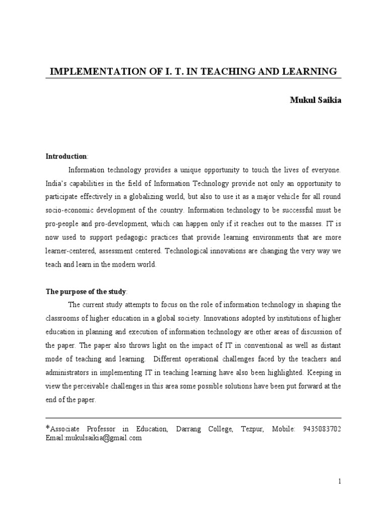 Implementation of I. T. in Teaching and Learning | PDF | Educational ...