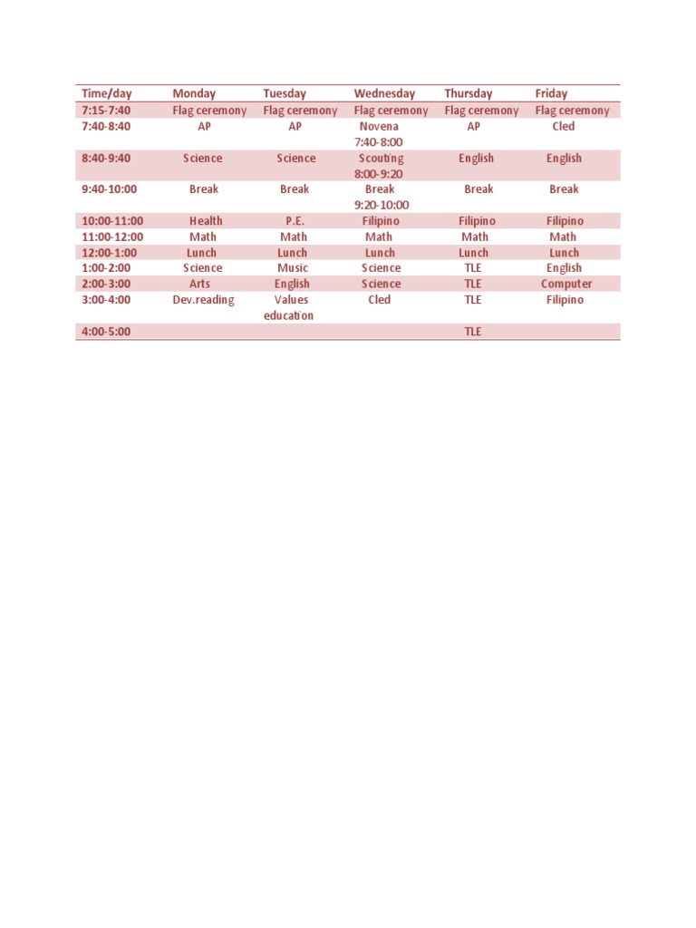 Weekly Class Schedule Overview | PDF | Language Arts & Discipline