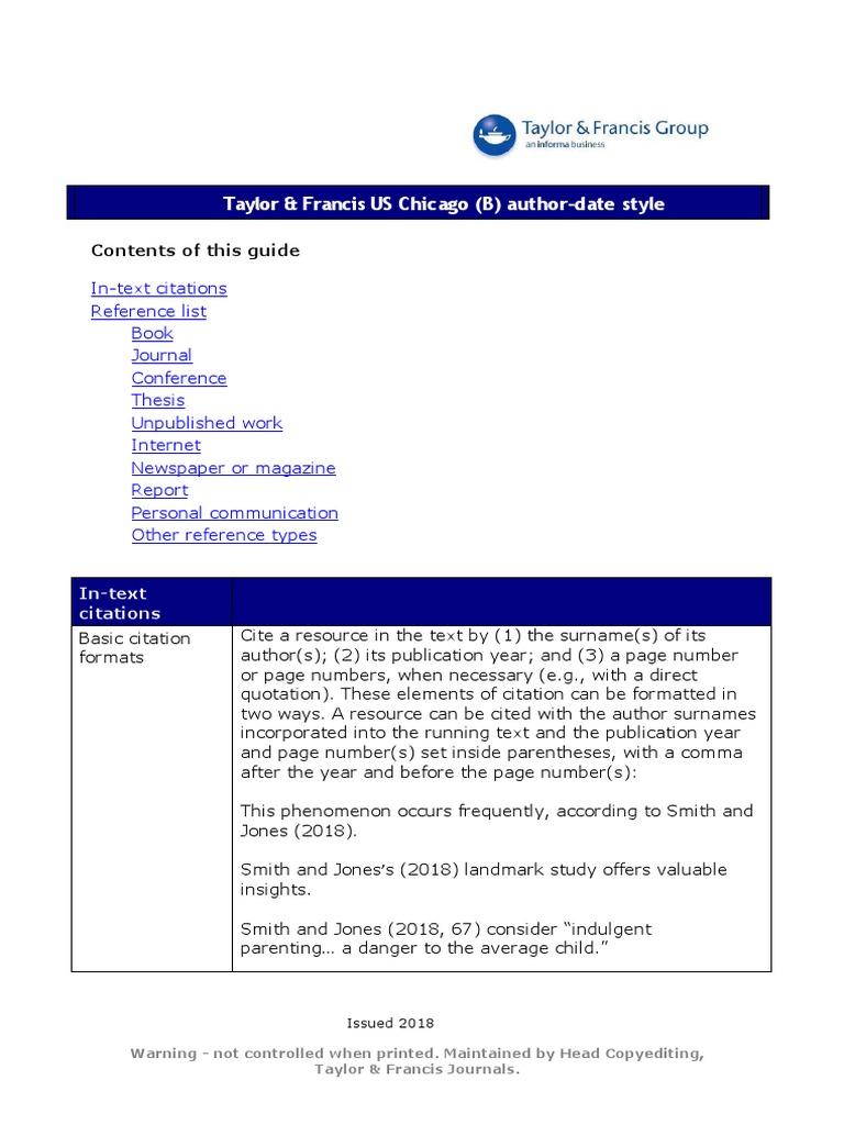 Taylor Francis Us Chicago B Author Date Style Contents Of This Guide Citation Comma