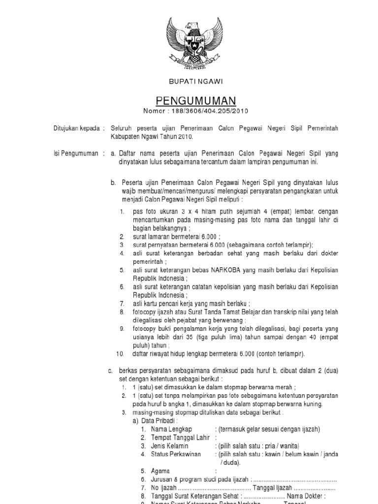 Pengumuman Hasil Tes Cpns Kabupaten Ngawi 2010