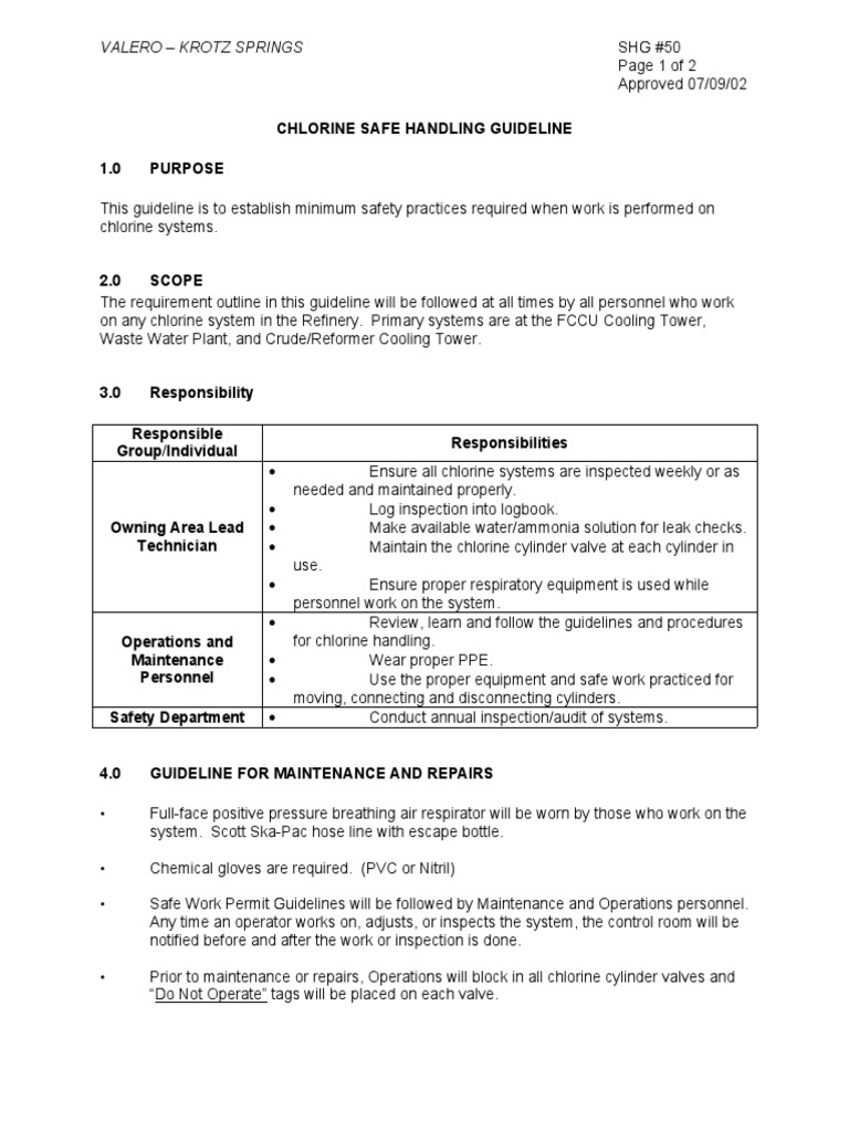 Chlorine Safe Handling Guideline 1.0 Purpose Valero Krotz Springs