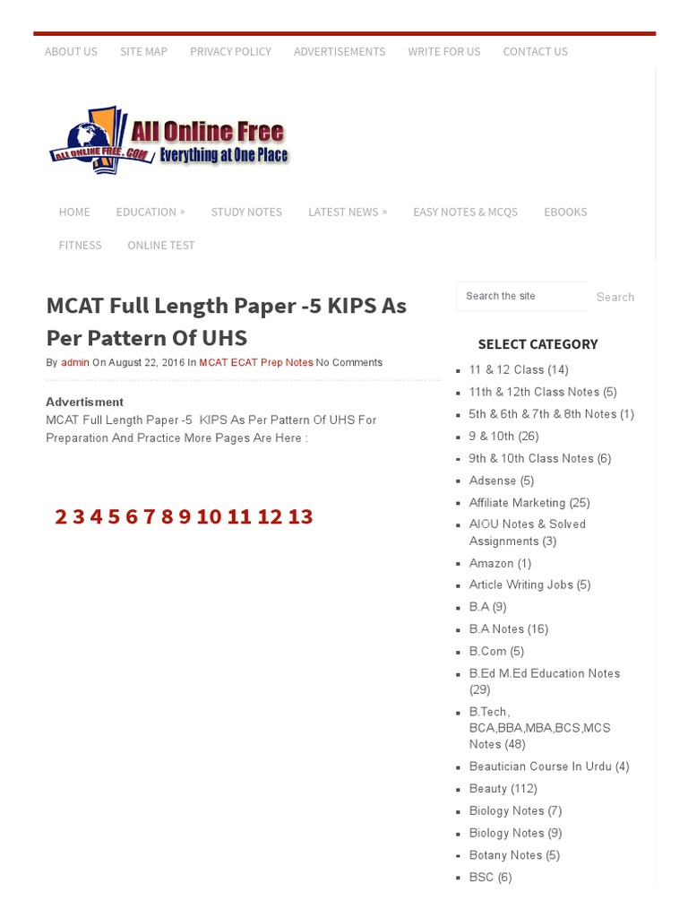 MCAT Full Length Paper - 5 KIPS As Per Pattern of UHS - All Online Free ...