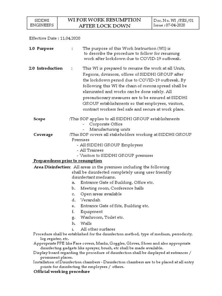 Work Resumption Guidelines Post-Lockdown | PDF | Hand Washing | Hygiene