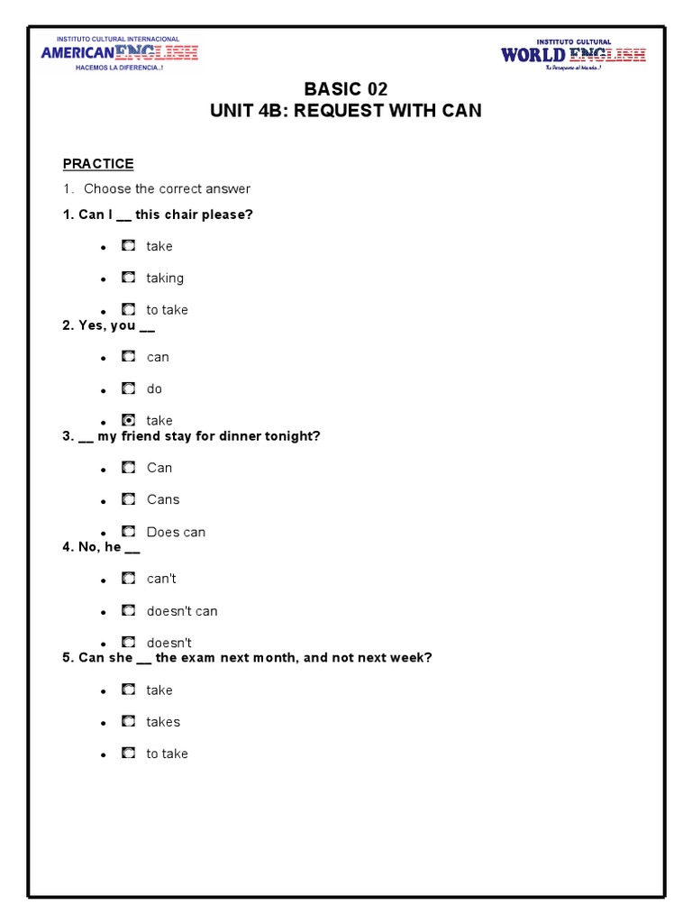 Basic 02 Unit 4B: Request With Can: Practice | PDF | Self-Improvement
