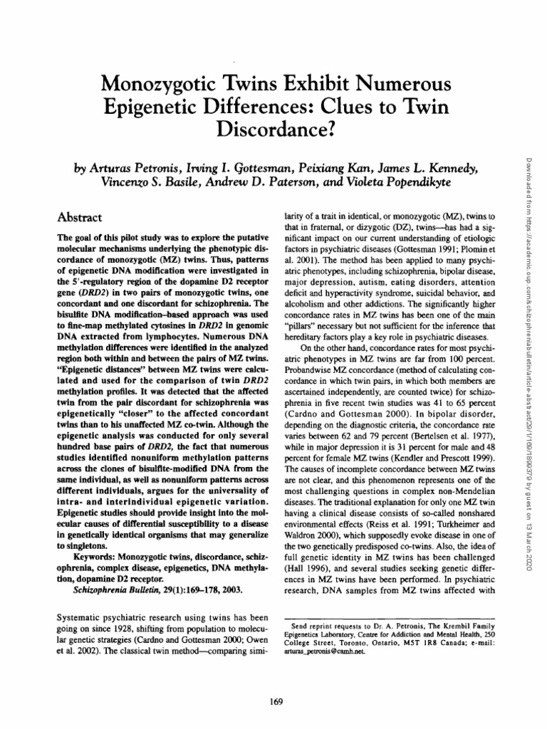 Monozygotic Twins Exhibit Numerous Epigenetic Differences: Clues To ...
