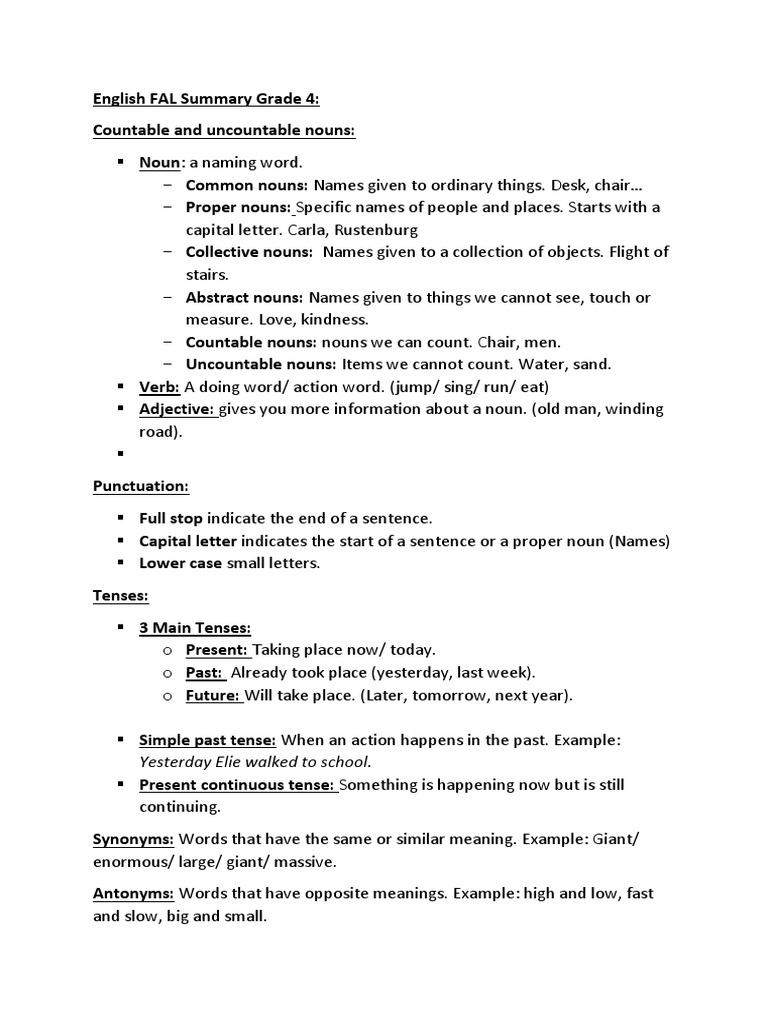 GRADE 4 ENGLISH FAL SUMMARY intelligence overview
