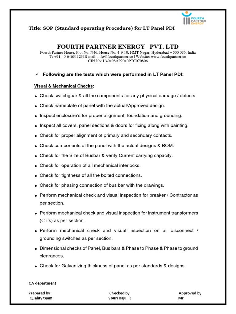 LT Panel PDI SOP PDF Verification And Validation Electricity