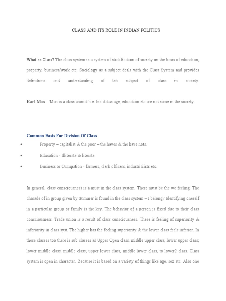 Class and Its Role in Indian Politics | PDF | Caste | Social Stratification