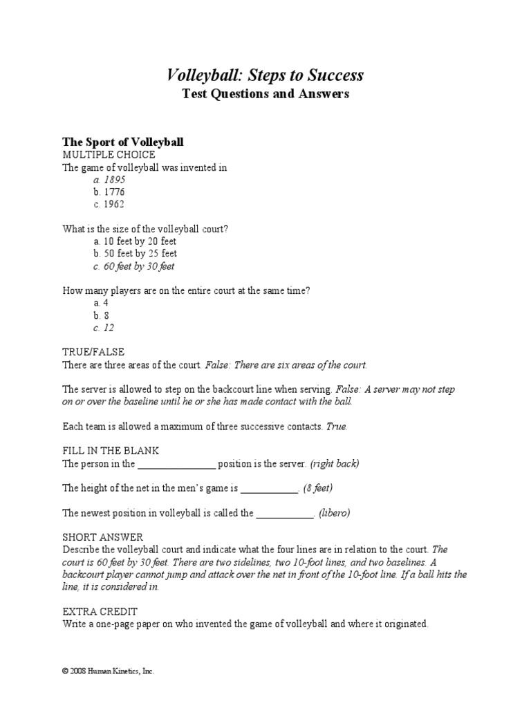Volleyball Steps To Success Test Questions and Answers PDF