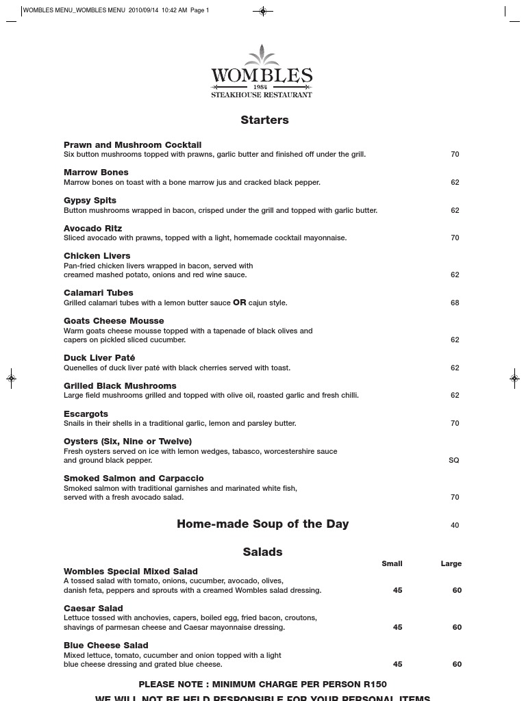 Wombles Restaurant Menu Overview | PDF | Steak | Salad