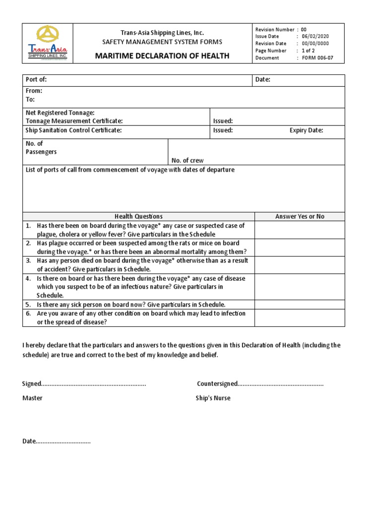 Maritime Declaration of Health Safety Management System Forms PDF