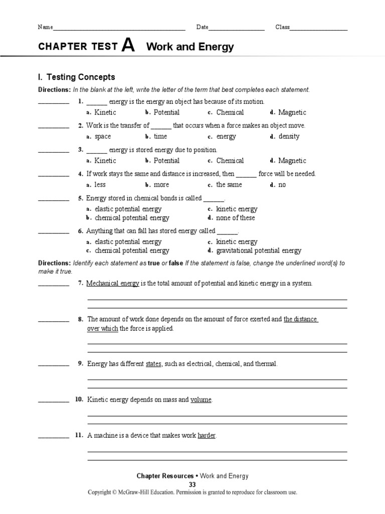 Work and Energy: Chapter Test | PDF | Potential Energy | Kinetic Energy
