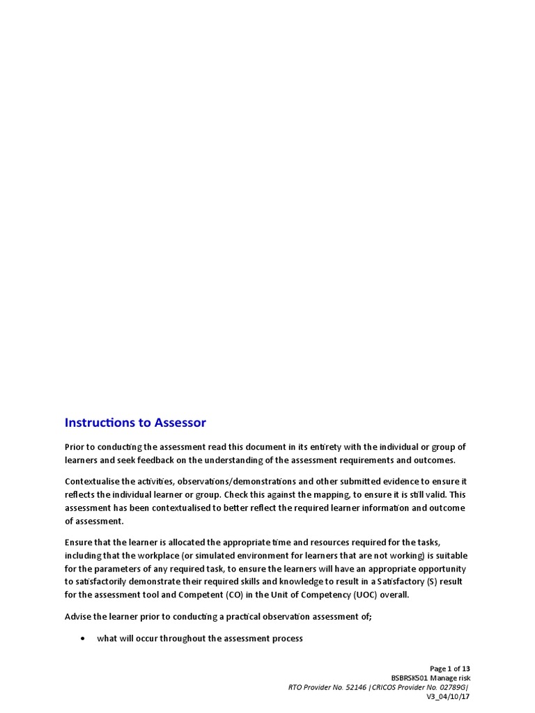 Instructions To Assessor: RTO Provider No. 52146 - CRICOS Provider No ...