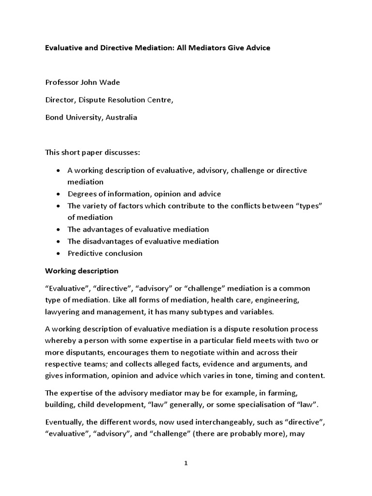 Evaluative And Directive Mediation Pdf Mediation Negotiation