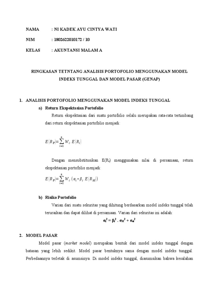 Analisis Portofolio Menggunakan Model Indeks Tunggal Dan Model Pasar PDF