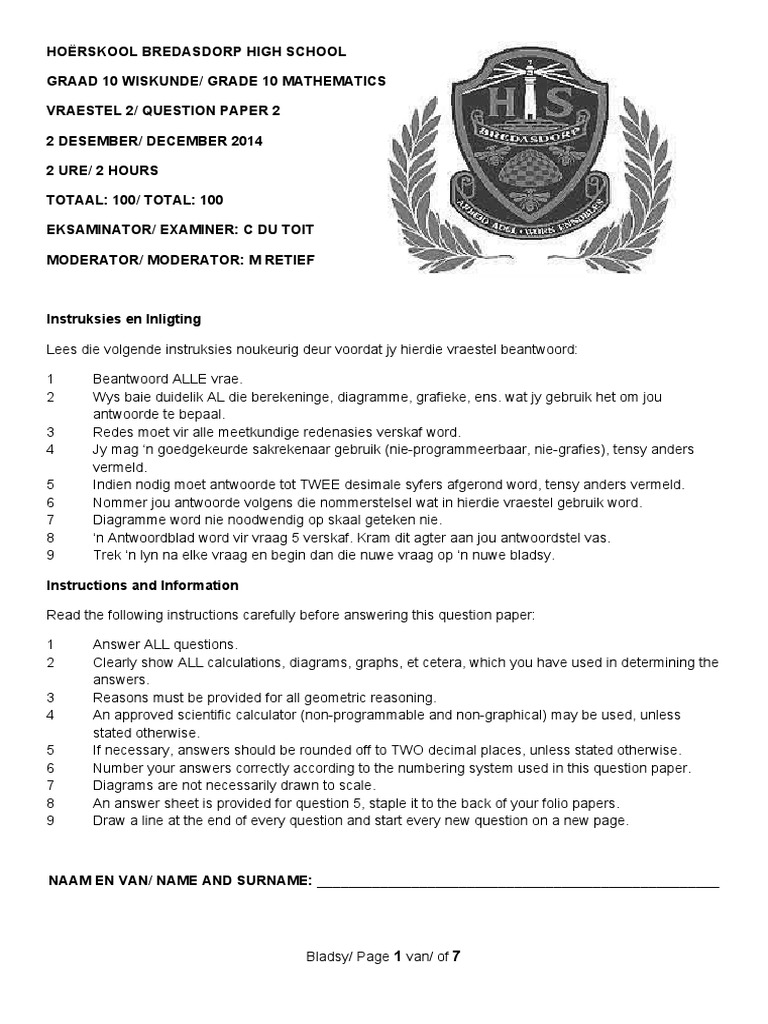Grade 10 Maths Paper PDF Asymptote Elementary Geometry