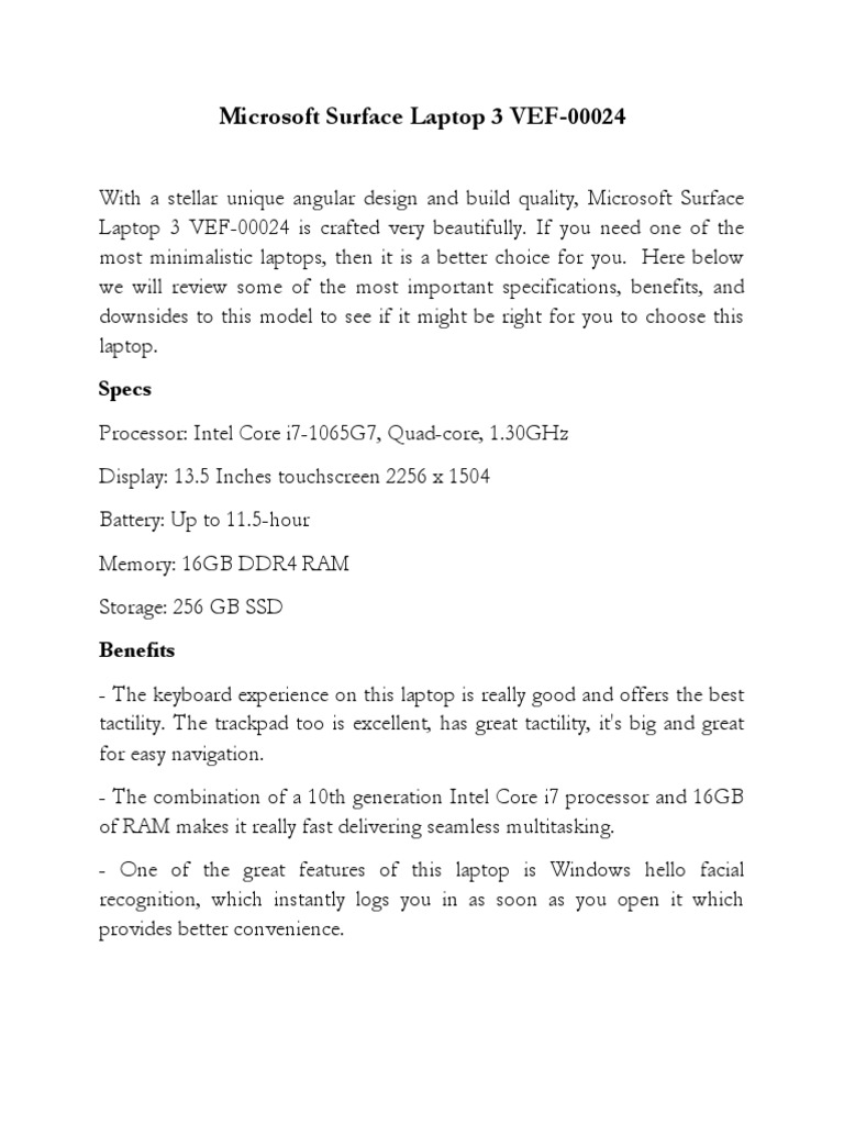 Microsoft Surface Laptop 3 VEF-00024 | PDF | Computers