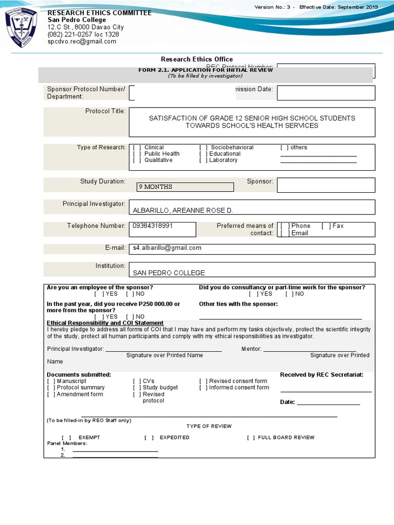 Initial Application for Research Ethics | PDF | Institutional Review ...