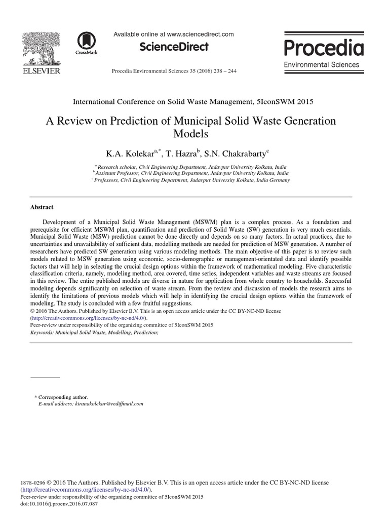 A Review On Prediction of Municipal Solid Waste Generation Models | PDF ...