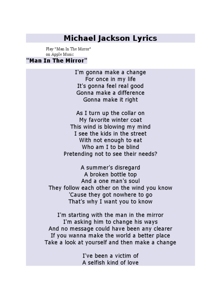 Michael Jackson Lyrics "Man in The Mirror" PDF Recorded Music
