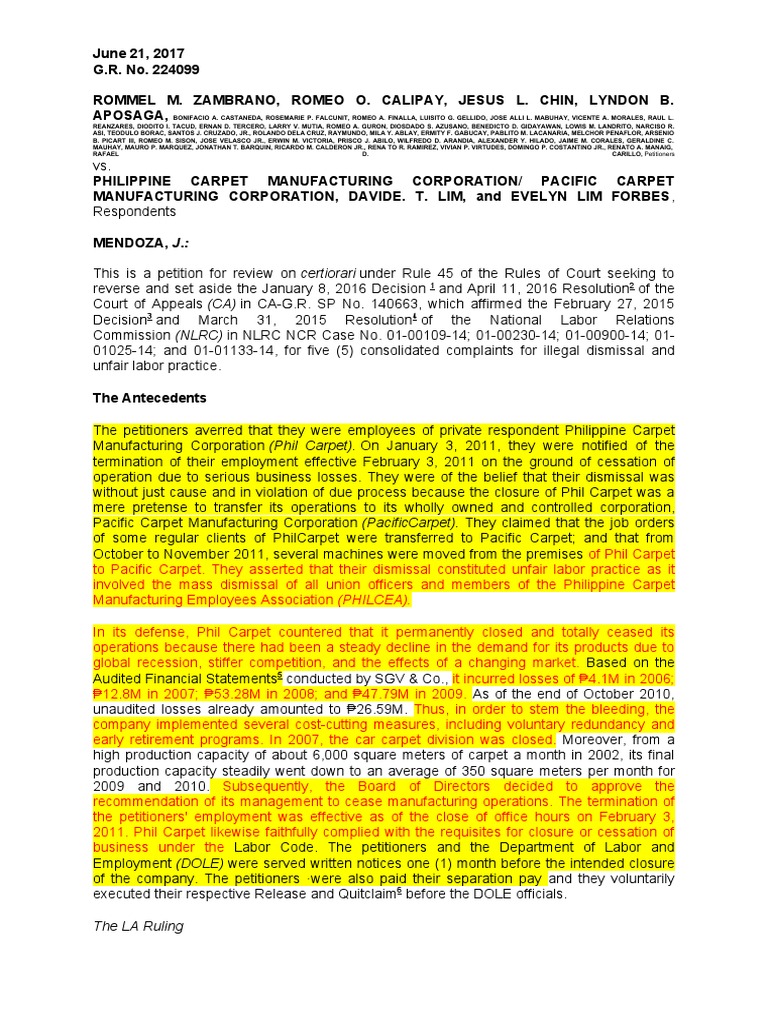 15 Zambrano vs. Philippine Carpet Manufacturing Corporation, 828 SCRA