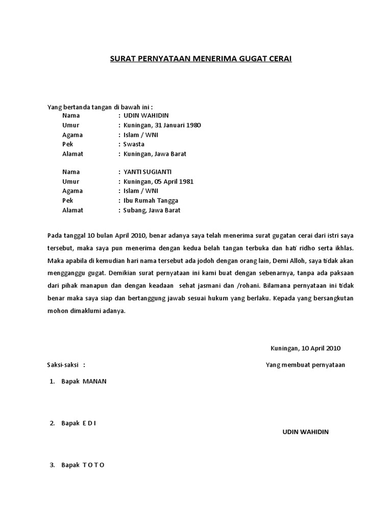 Surat Pernyataan Menerima Gugat Cerai