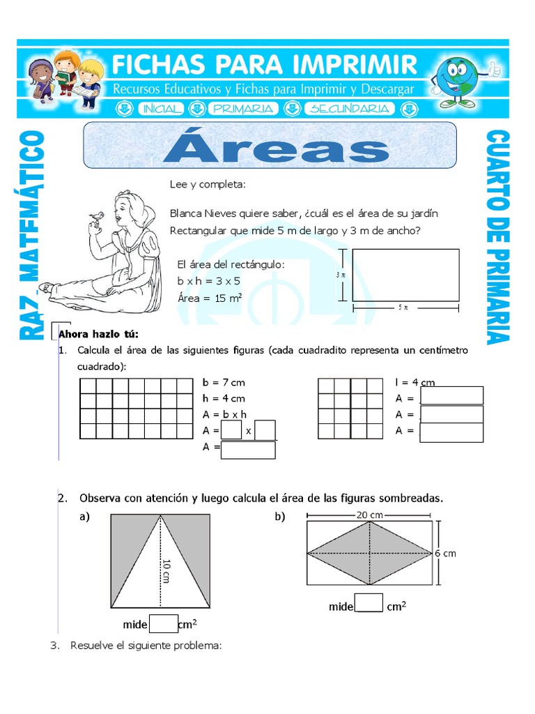 Ejercicios Con Áreas para Cuarto de Primaria | PDF | Geometría Elemental |  Matemática Elemental